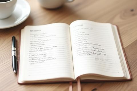 Open journal with pen and coffee cup, symbolizing planning and reflection