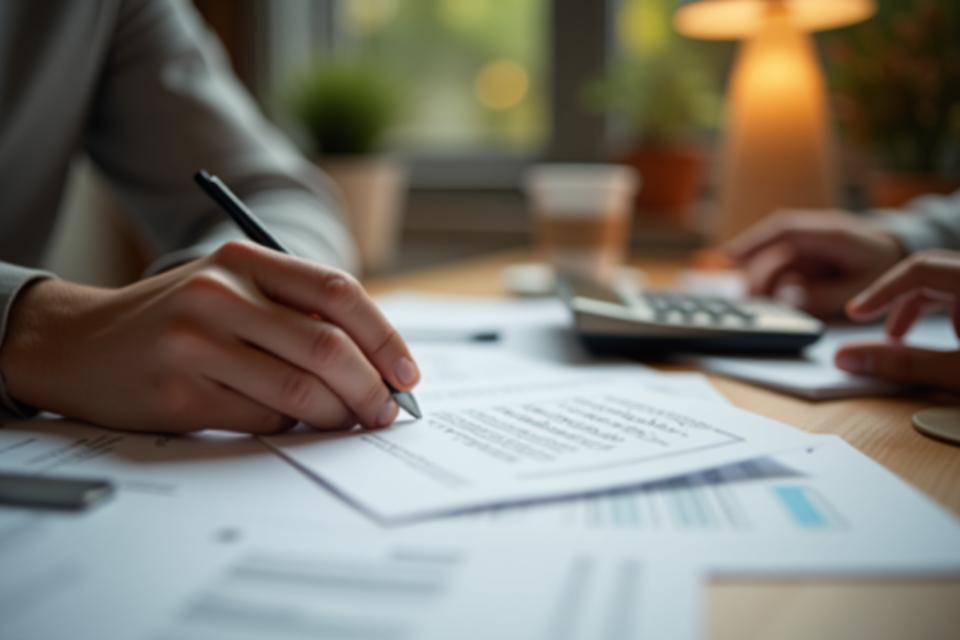 Mentor and client reviewing handwritten financial notes with a calculator nearby